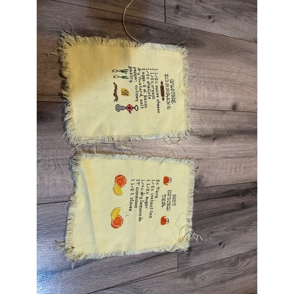 Set Of 2 Vintage Cross-Stitched Recipe Panels - Quiche Lorraine & Hot Spiced Tea - Picture 1 of 10